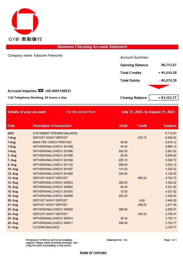Modèle Word et PDF de relevé de compte d'entreprise de la Banque de Guiyang